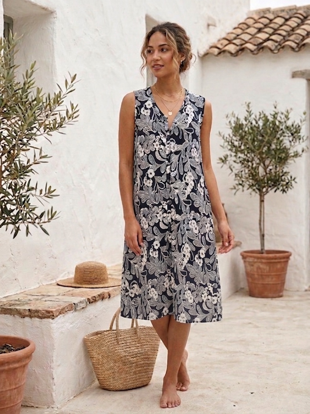 Cotton Sleeveless Black & White Floral V-Neck Button Midi Dress
